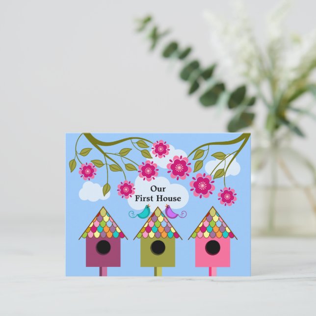 Colorful Birdhouses and Birds Housewarming Party Invitation (Standing Front)