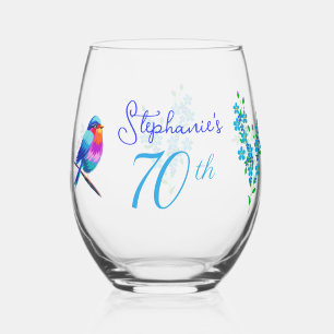 Colorful Birdie Forget Me Not Floral 70th Birthday Stemless Wine Glass