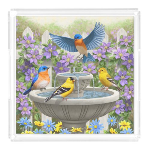 Colorful Birds and Bird Bath Flower Garden Acrylic Tray