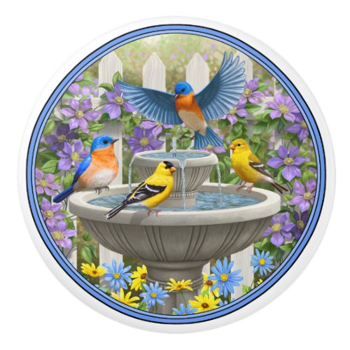 Colorful Birds and Bird Bath Flower Garden Ceramic Knob