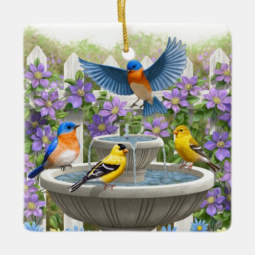 Colorful Birds and Bird Bath Flower Garden Ceramic Ornament