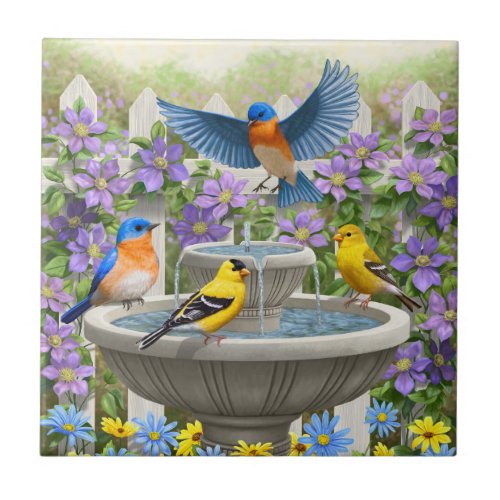 Colorful Birds and Bird Bath Flower Garden Ceramic Tile