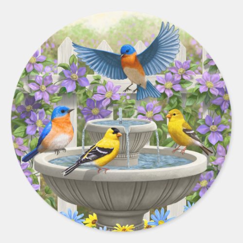 Colorful Birds and Bird Bath Flower Garden Classic Round Sticker