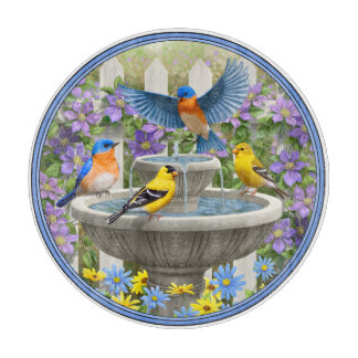 Colorful Birds and Bird Bath Flower Garden Cutting Board