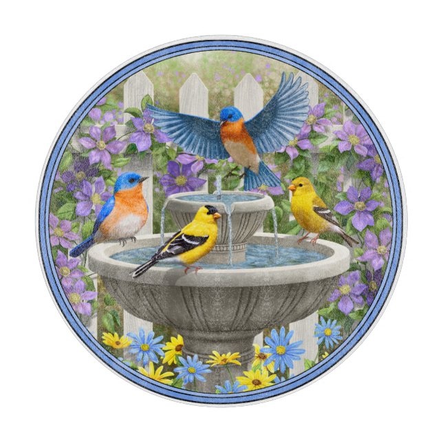 Colorful Birds and Bird Bath Flower Garden Cutting Board (Front)