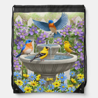 Colorful Birds and Bird Bath Flower Garden Drawstring Bag