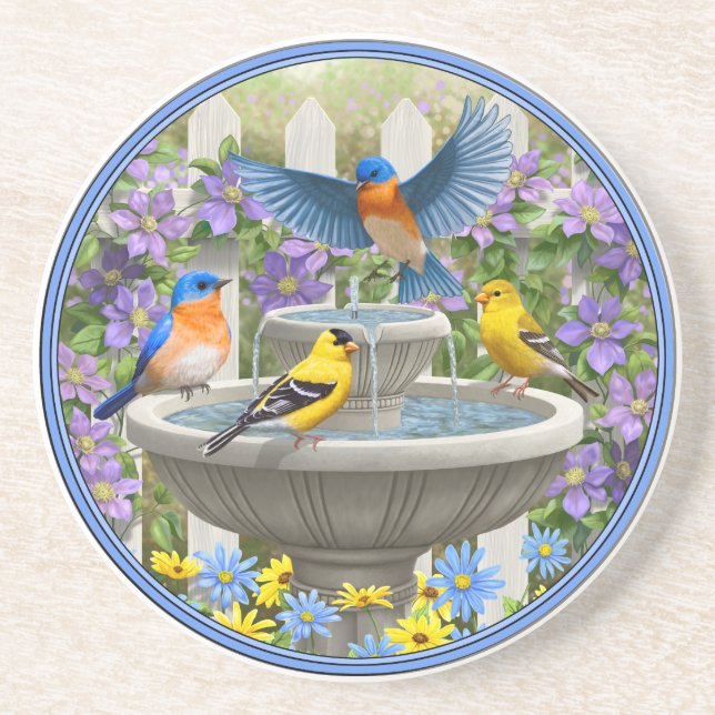 Colorful Birds and Bird Bath Flower Garden Drink Coaster (Front)