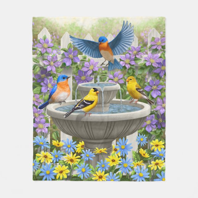 Colorful Birds and Bird Bath Flower Garden Fleece Blanket (Front)