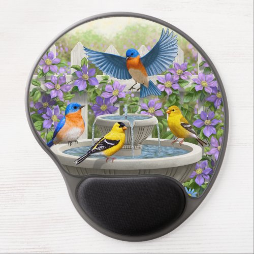 Colorful Birds and Bird Bath Flower Garden Gel Mouse Pad