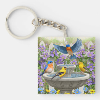 Colorful Birds and Bird Bath Flower Garden Keychain