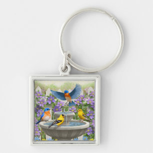 Colorful Birds and Bird Bath Flower Garden Keychain