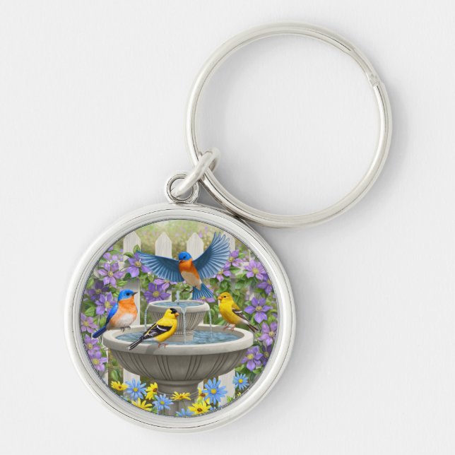 Colorful Birds and Bird Bath Flower Garden Keychain (Front)