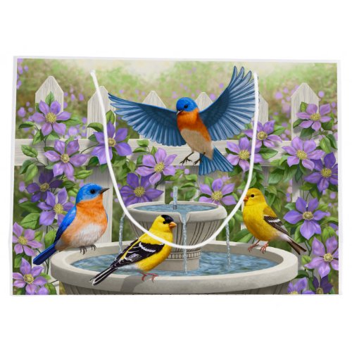 Colorful Birds and Bird Bath Flower Garden Large Gift Bag