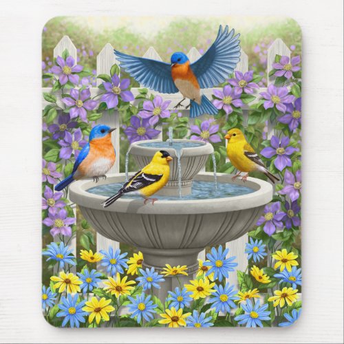 Colorful Birds and Bird Bath Flower Garden Mouse Pad
