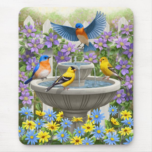 Colorful Birds and Bird Bath Flower Garden Mouse Pad (Front)