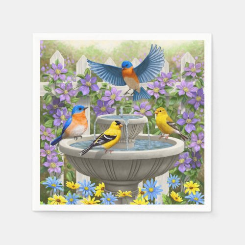 Colorful Birds and Bird Bath Flower Garden Napkins