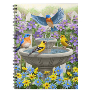 Colorful Birds and Bird Bath Flower Garden Notebook