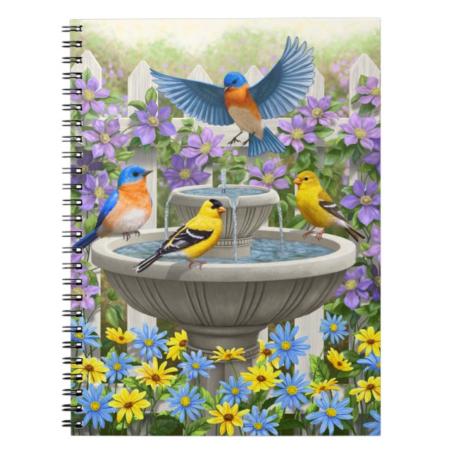 Colorful Birds and Bird Bath Flower Garden Notebook (Front)