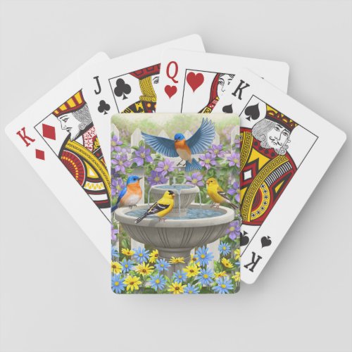 Colorful Birds and Bird Bath Flower Garden Playing Cards