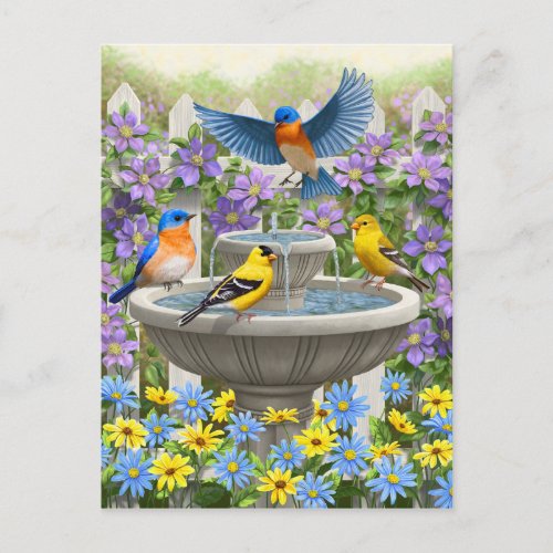 Colorful Birds and Bird Bath Flower Garden Postcard