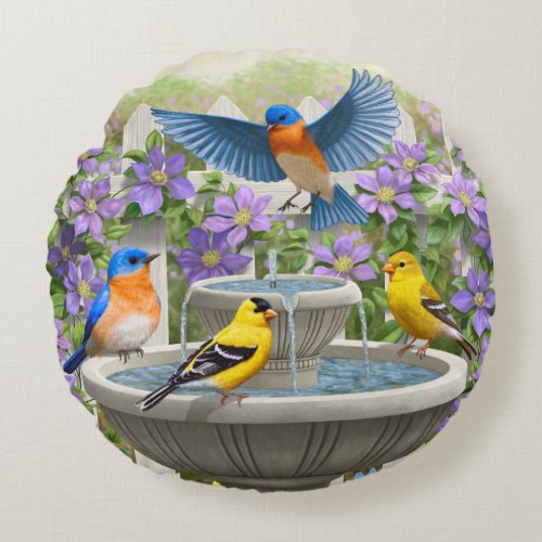 Colorful Birds and Bird Bath Flower Garden Round Pillow