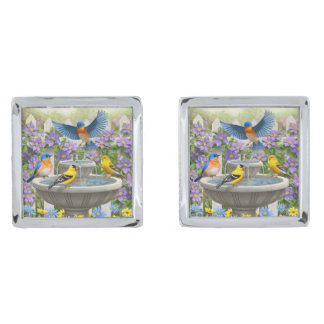 Colorful Birds and Bird Bath Flower Garden Silver Cufflinks