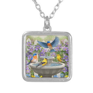 Colorful Birds and Bird Bath Flower Garden Silver Plated Necklace