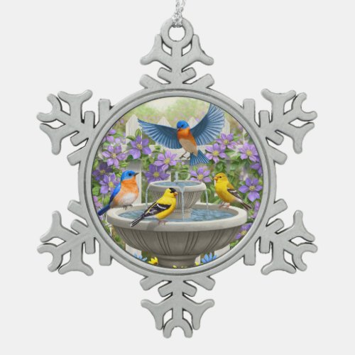 Colorful Birds and Bird Bath Flower Garden Snowflake Pewter Christmas Ornament