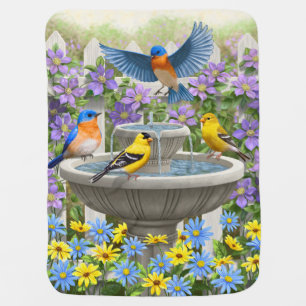 Colorful Birds and Bird Bath Flower Garden Stroller Blanket