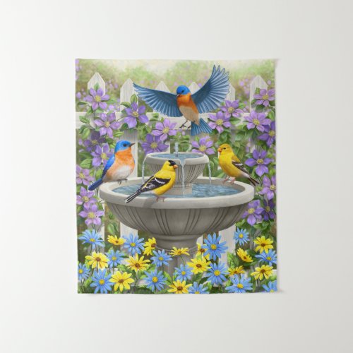 Colorful Birds and Bird Bath Flower Garden Tapestry