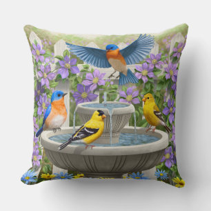 Colorful Birds and Bird Bath Flower Garden Throw Pillow