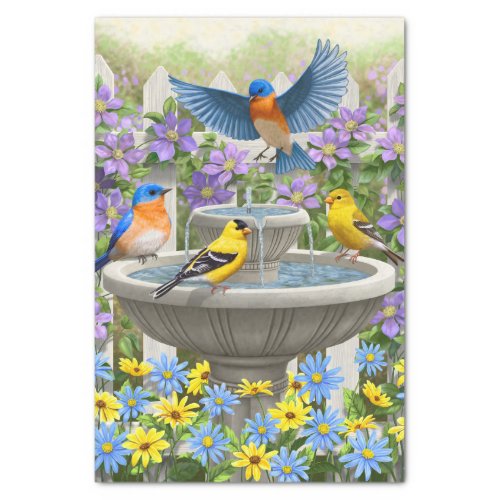 Colorful Birds and Bird Bath Flower Garden Tissue Paper