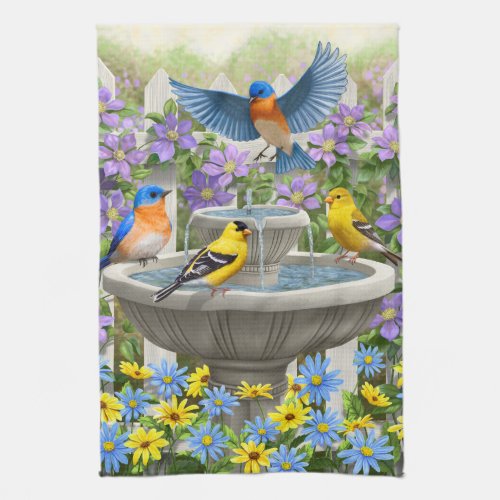 Colorful Birds and Bird Bath Flower Garden Towel