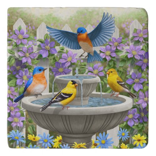 Colorful Birds and Bird Bath Flower Garden Trivet