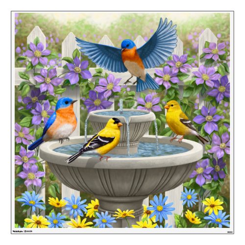 Colorful Birds and Bird Bath Flower Garden Wall Decal