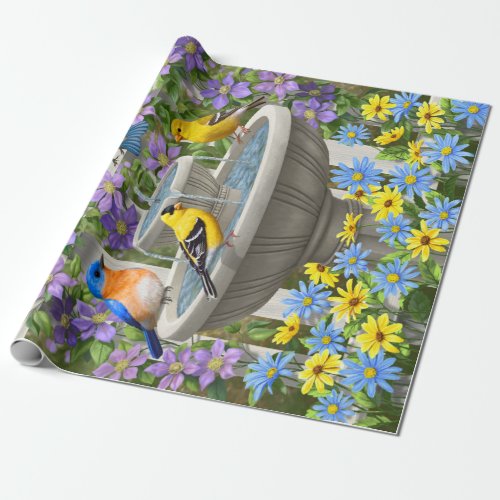 Colorful Birds and Bird Bath Flower Garden Wrapping Paper