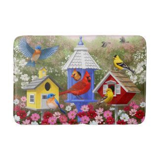 Colorful Birds and Birdhouses Bathroom Mat