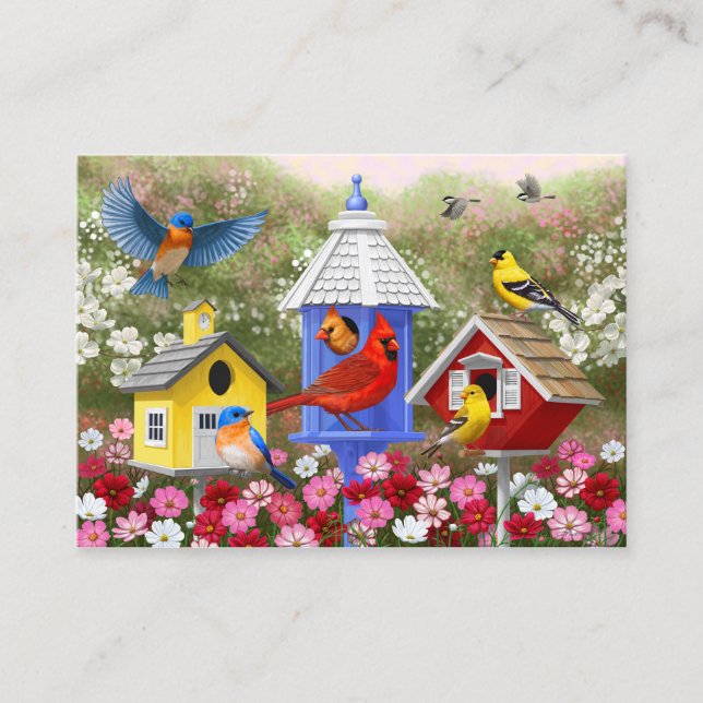 Colorful Birds and Birdhouses Business Card (Front)