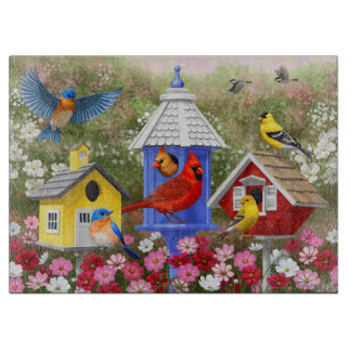 Colorful Birds and Birdhouses Cutting Board