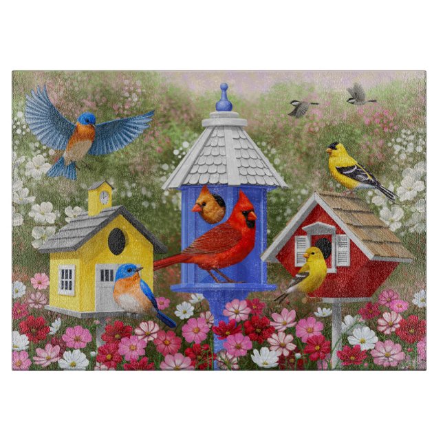 Colorful Birds and Birdhouses Cutting Board (Front)