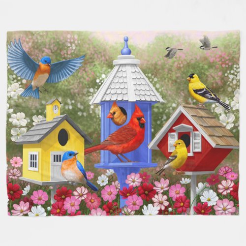 Colorful Birds and Birdhouses Fleece Blanket