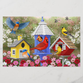 Colorful Birds and Birdhouses Flower Garden
