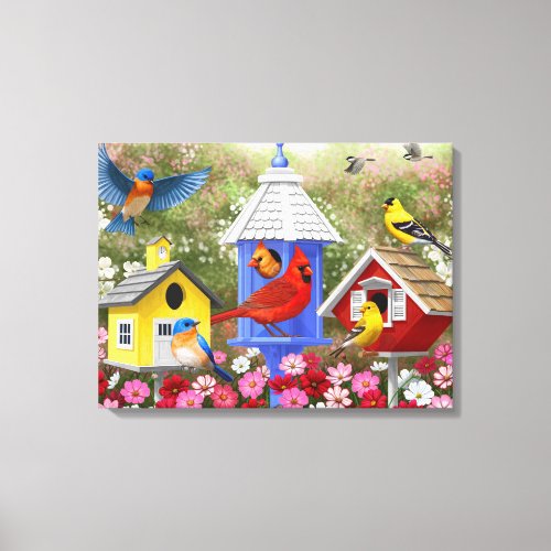 Colorful Birds and Birdhouses Flower Garden Canvas Print