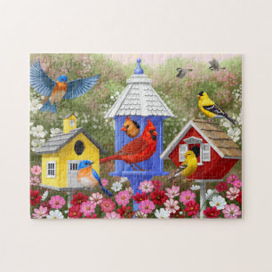 Colorful Birds and Birdhouses Flower Garden Jigsaw Puzzle