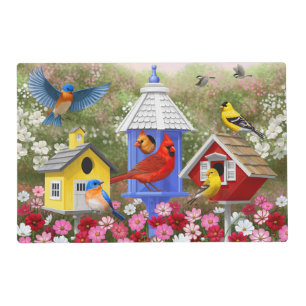 Colorful Birds and Birdhouses Flower Garden Placemat