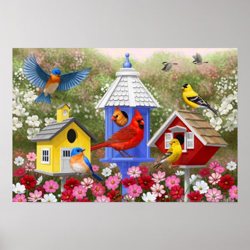 Colorful Birds and Birdhouses Flower Garden Poster