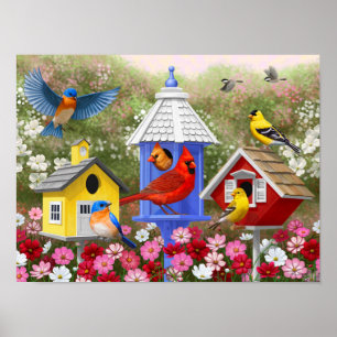 Colorful Birds and Birdhouses Flower Garden Poster