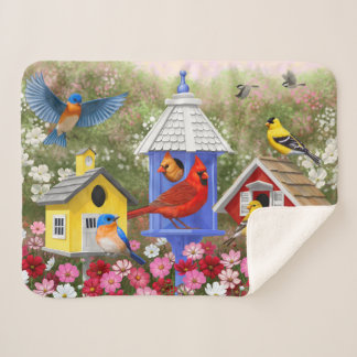 Colorful Birds and Birdhouses Flower Garden Sherpa Blanket
