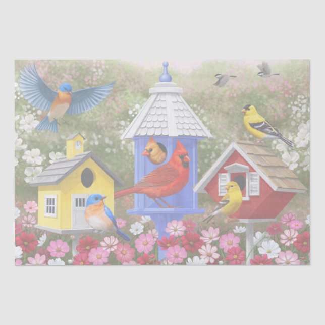 Colorful Birds and Birdhouses Flower Garden Tissue Paper (Front)