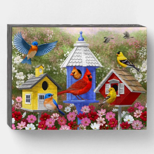 Colorful Birds and Birdhouses Flower Garden Wooden Box Sign